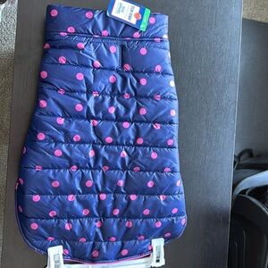 Top Paw Dog Coat Winter Puffer Jacket Fleece Lined Navy with Pink polk-a-dots